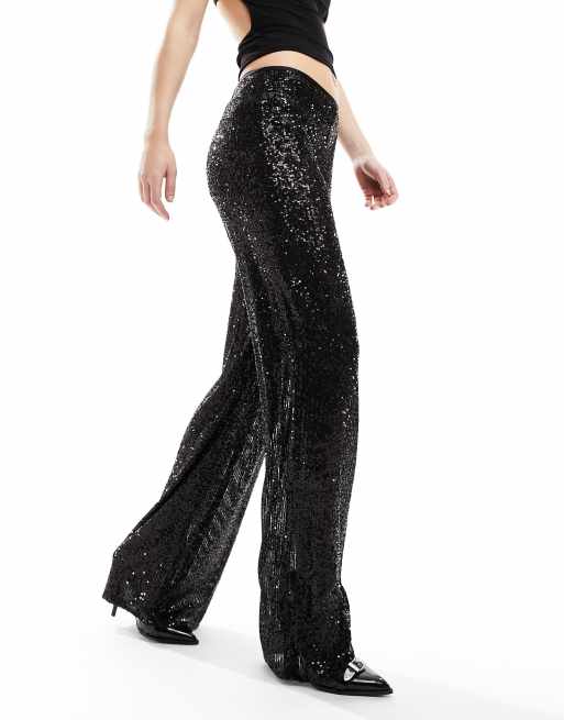 Mango sequin wide leg trousers in black