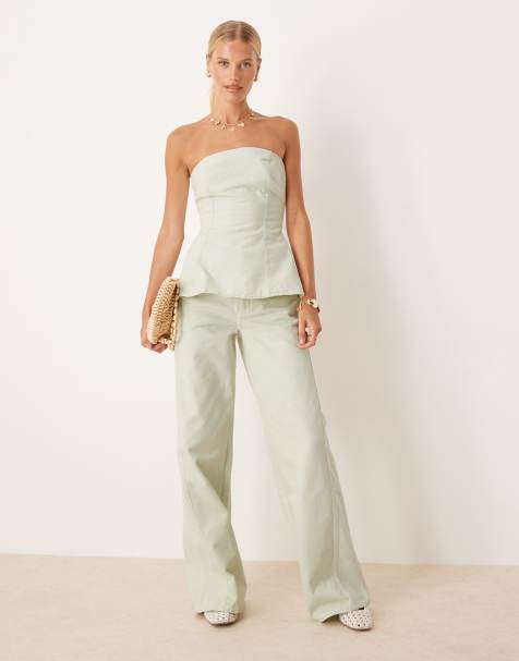 Mango – Set aus Denim im Pastellgrün bestehend aus Jeans mit weitem Bein und mittelhohem Bund sowie trägerlosem Schößchen-Oberteil - view 1