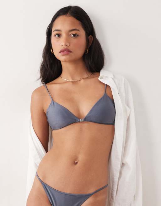 Mango - Set bikini con top e slip blu con dettagli in metallo argentato
