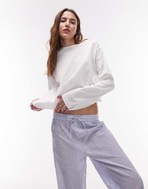 Mango - Set van katoenen top met lange mouwen en seersucker pyjamabroek in wit & blauwe streep - view 1