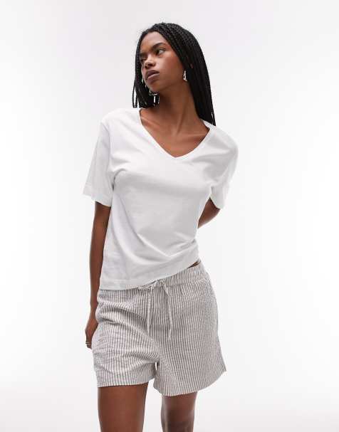 Mango - Set van T-shirt en seersucker pyjamabroek in wit & bruine streep - view 1