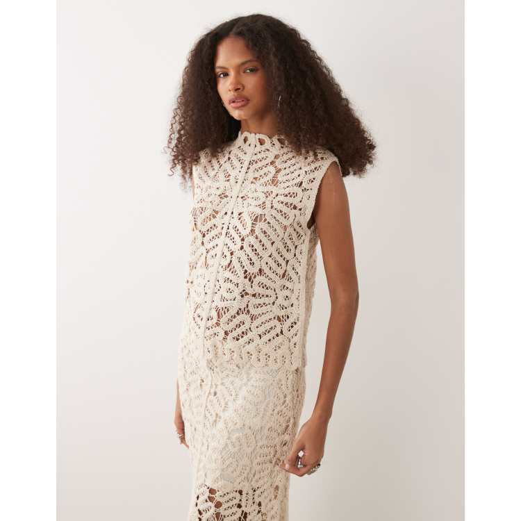 Mango Setenta crochet high neck sleeveless top in beige - part of