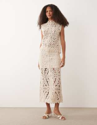 Mango Setenta crochet midi skirt co-ord in beige