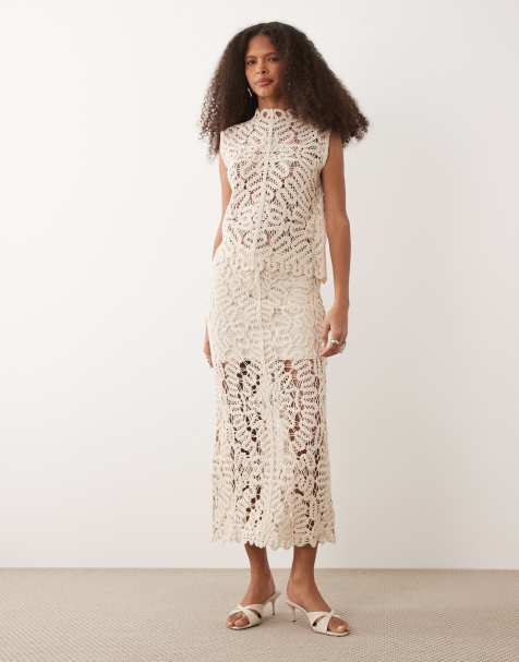 Mango Setenta crochet midi skirt co-ord in beige - view 1