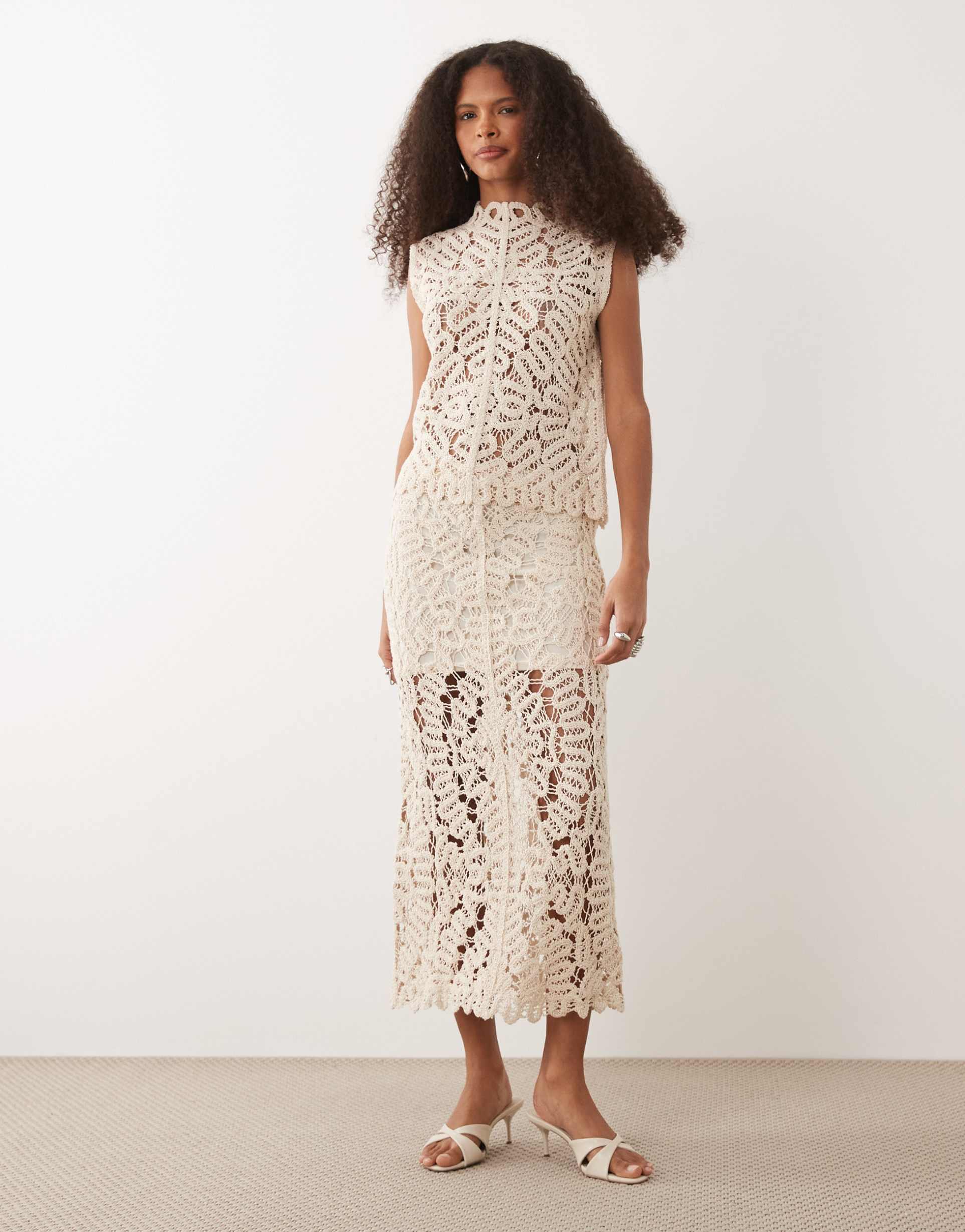 mango setenta crochet midi skirt in beige - part of a set