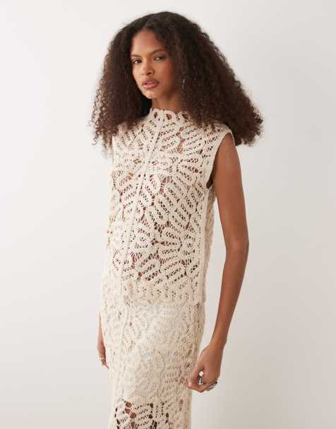 Mango - Setenta - Gehaakte hoogsluitende mouwloze top in beige, deel van co-ord set - view 1