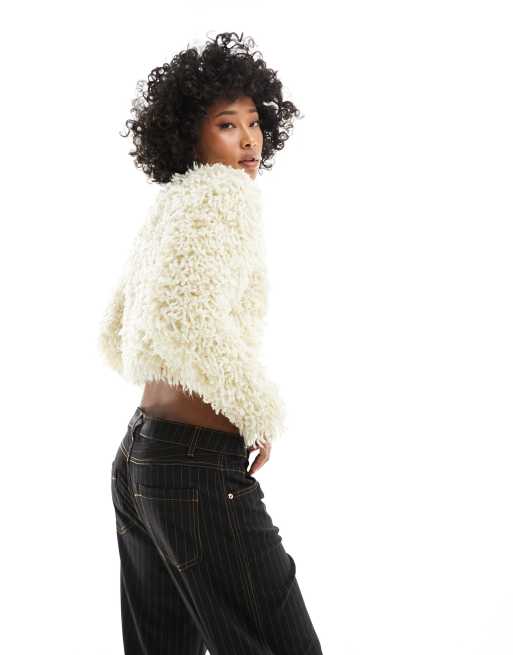 Mango shaggy cardigan in beige | ASOS