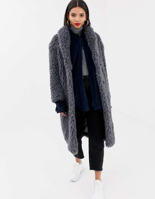 Mango shaggy faux fur coat in grey | ASOS