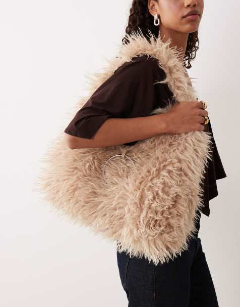 Mango shaggy faux fur oversized shoulder bag in beige - view 1