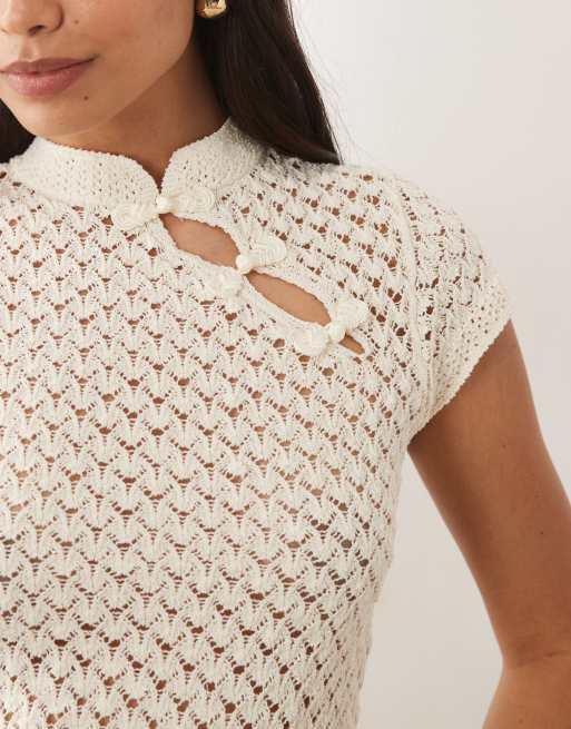 Mango Shanghai knitted top co-ord in beige, 3 of 4