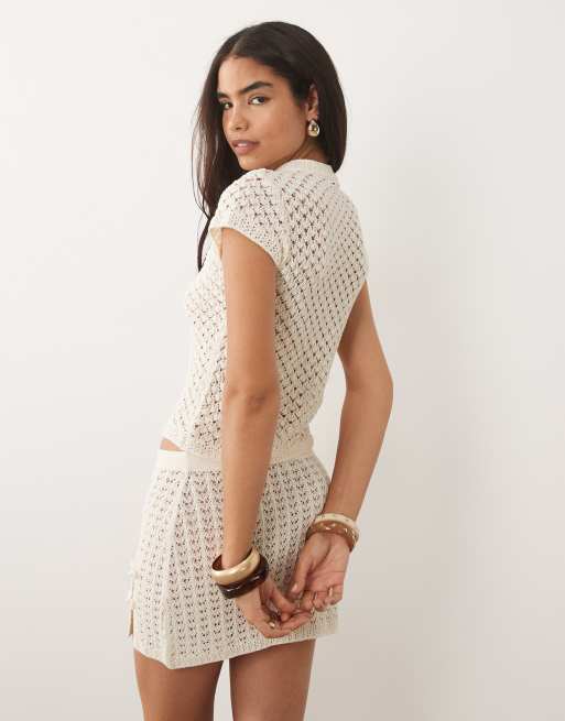 Mango Shanghai knitted top co-ord in beige, 4 of 4
