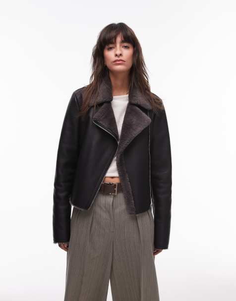 Mango shearling aviator jacket in black - view 1