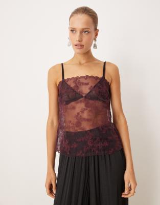 Mango Sheer Embroidered Cami Top In Brown