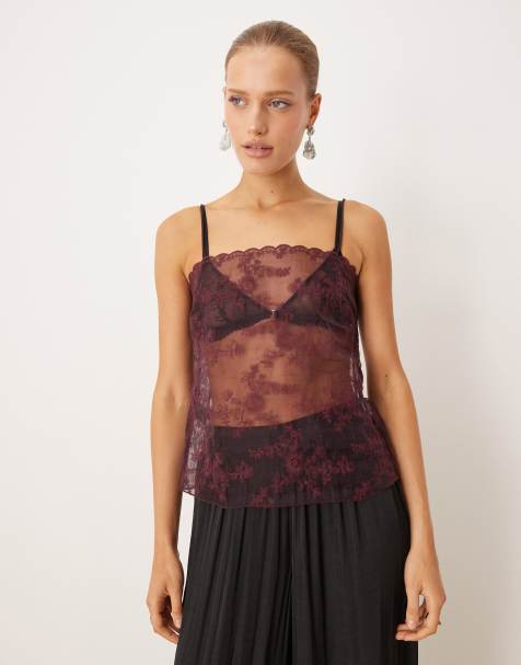Mango sheer embroidered cami top in burgundy