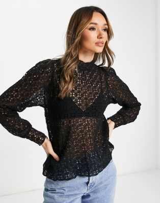 Mango sheer high neck blouse in black