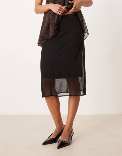 Mango sheer knee length skirt with slip in black, 3 of 4