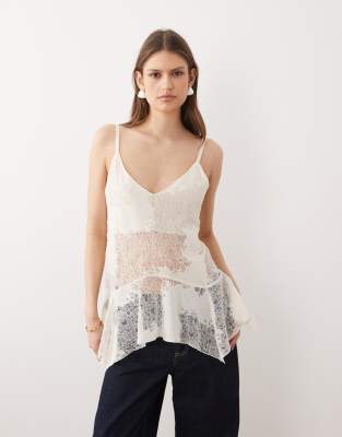 Mango Sheer Lace Asymmetric Cami In Multi