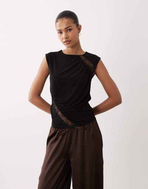 Mango sheer lace detail sleeveless top in black