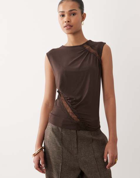Mango sheer lace detail sleeveless top in brown - view 1