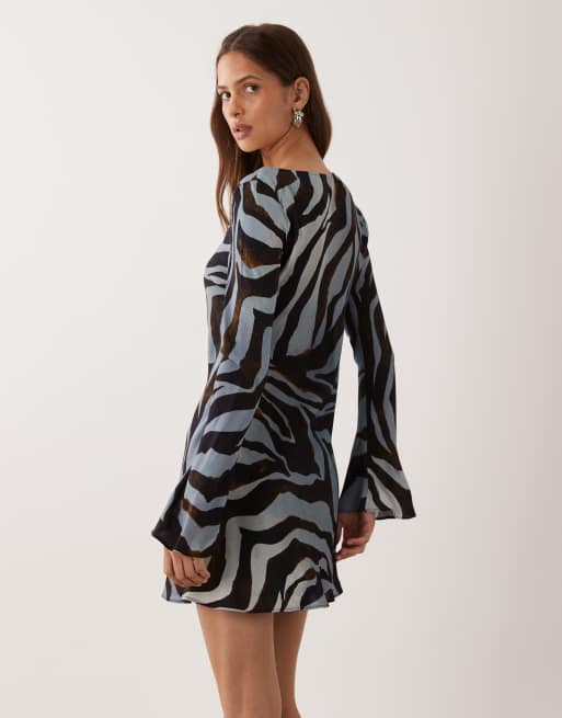 Mango sheer long sleeve mini dress in blue zebra print, 2 of 4