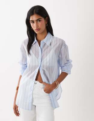 Mango Sheer Long Sleeve Shirt In Blue
