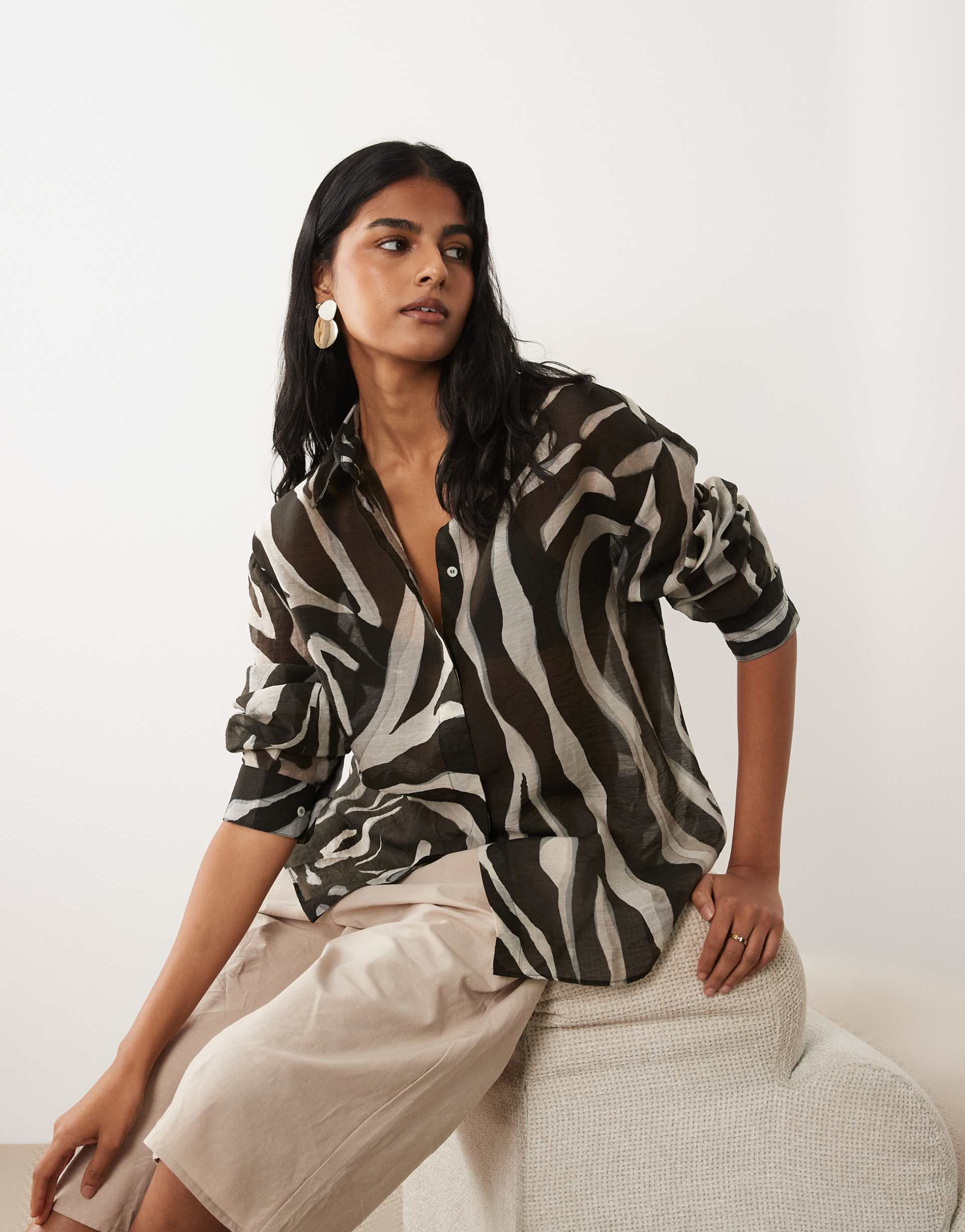 mango sheer oversized shirt in neutral zebra print