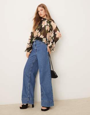 Mango Sheer Round Neck Long Sleeve Blouse In Black