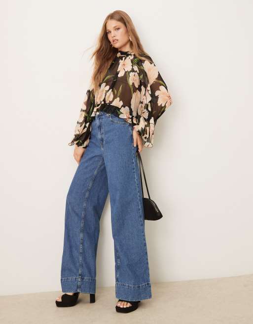 Mango sheer round neck long sleeve blouse in dark based floral, 2 of 4