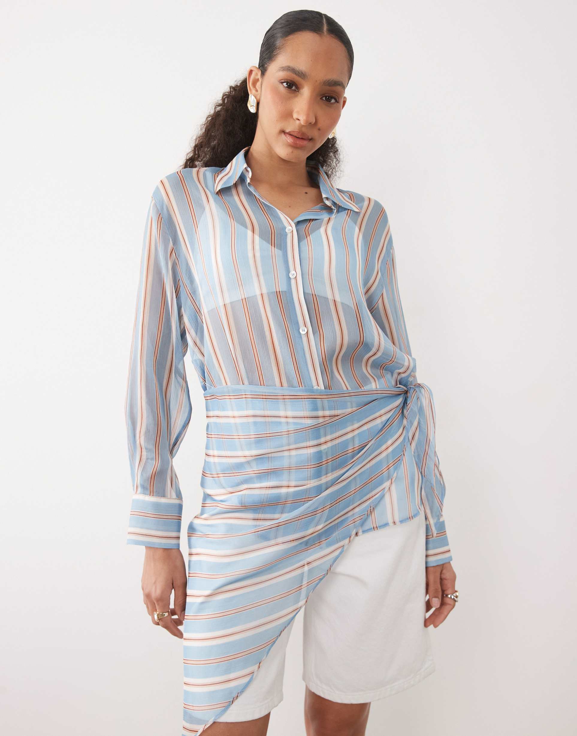 mango sheer shirt in blue and brown stripes