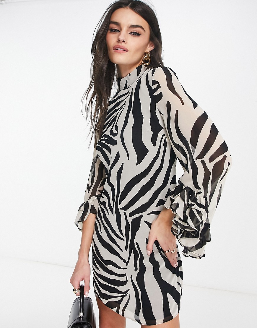 Mango sheer zebra mini dress with ruffle sleeve in mono-Multi