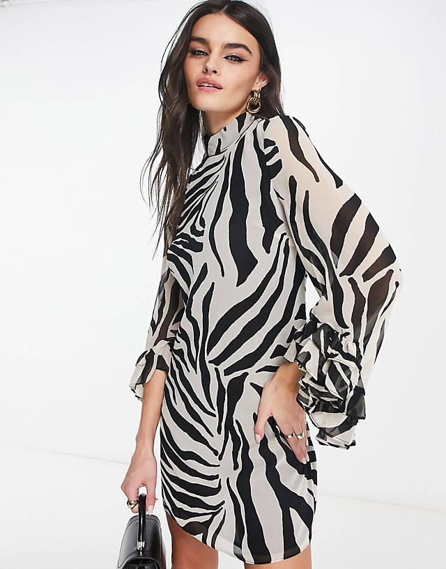 Mango sheer zebra mini dress with ruffle sleeve in mono