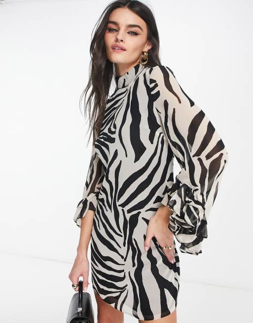 Mango Sheer Zebra Mini Dress With Ruffle Sleeve In Mono 41 OFF