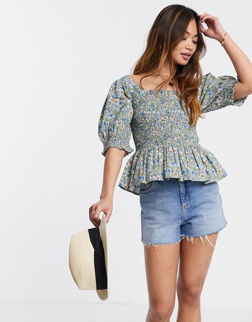 Mango shirred blouse with volume sleeves in floral print