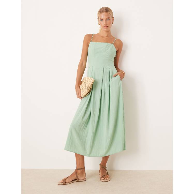 Mango shirred bodice midi dress in mint green | ASOS
