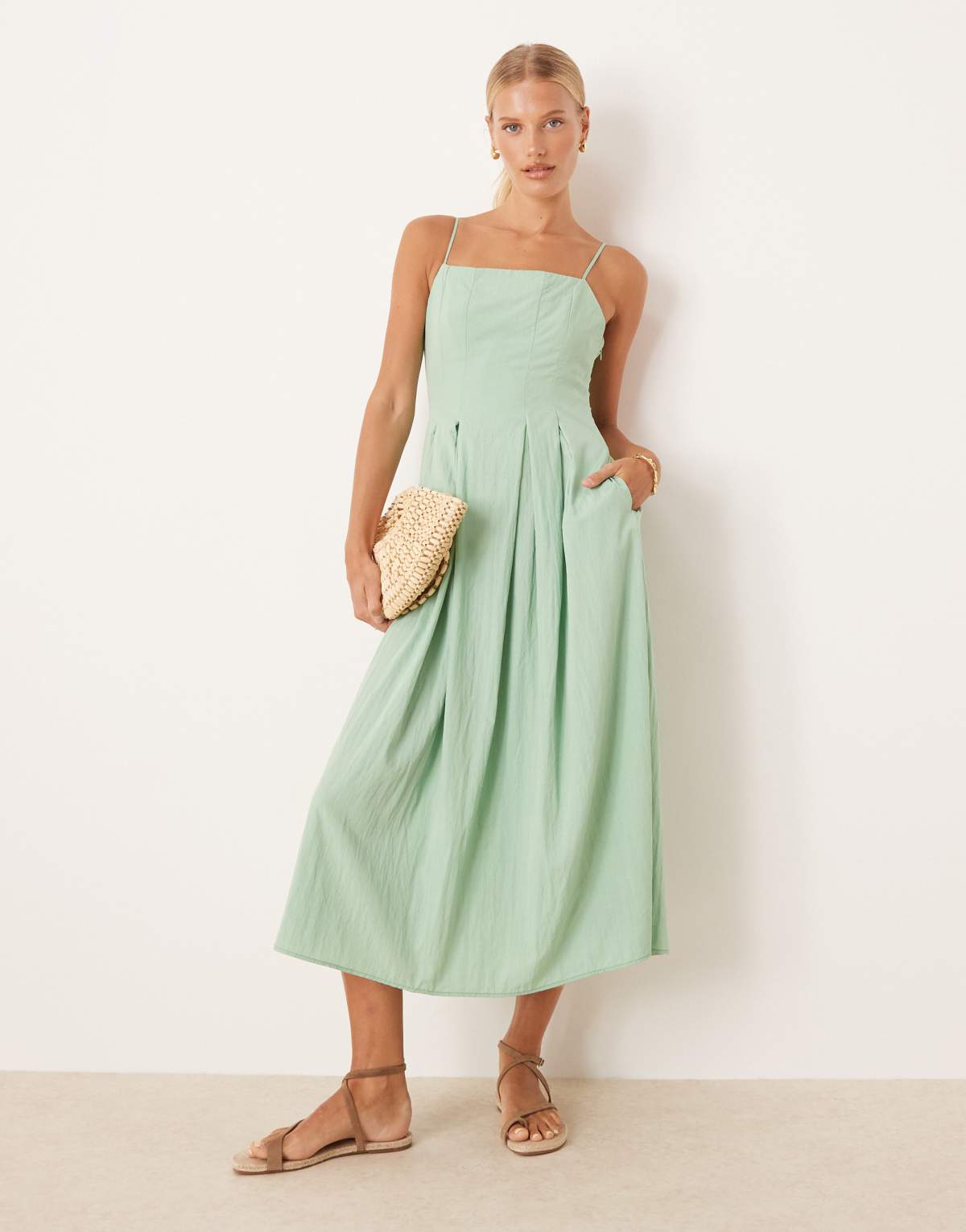 Mango shirred bodice midi dress in mint green