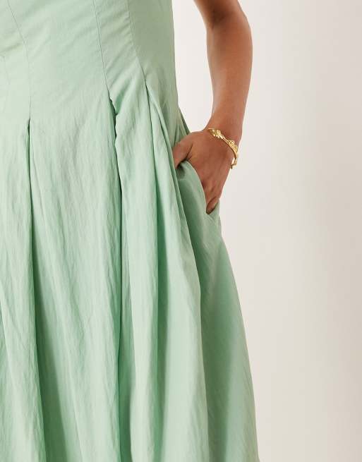 Mango shirred bodice midi dress in mint green | ASOS