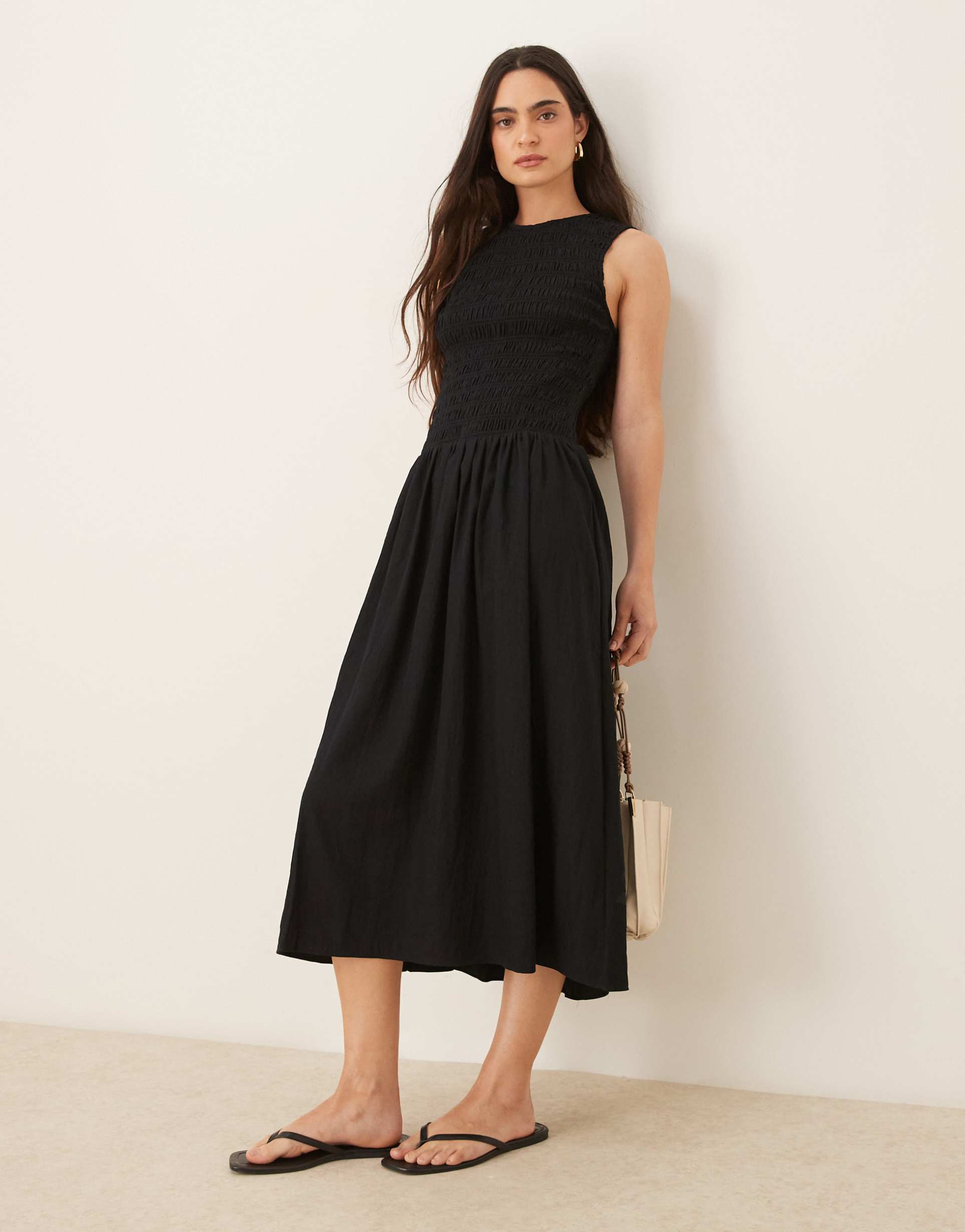 mango shirred body dropped waist midi dress in black