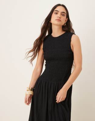 Mango Shirred Body Dropped Waist Midi Dress