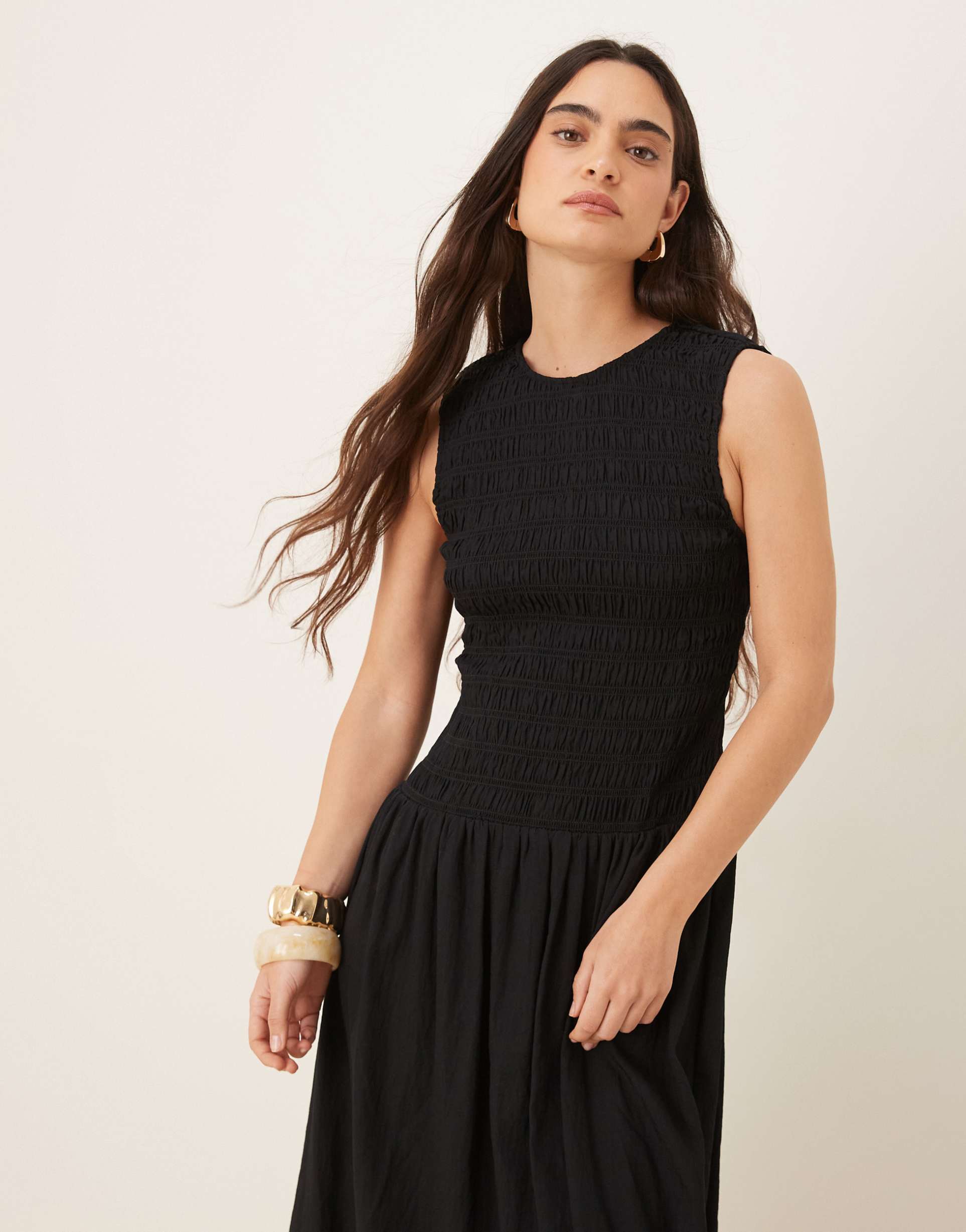 mango shirred body dropped waist midi dress in black