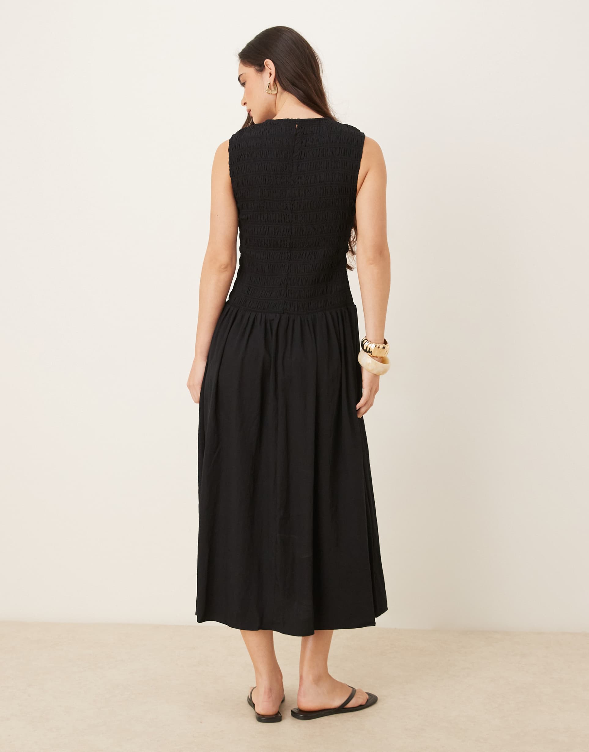 mango shirred body dropped waist midi dress in black