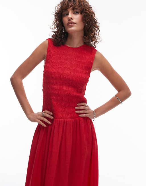 Mango shirred body dropped waist midi dress in red ASOS