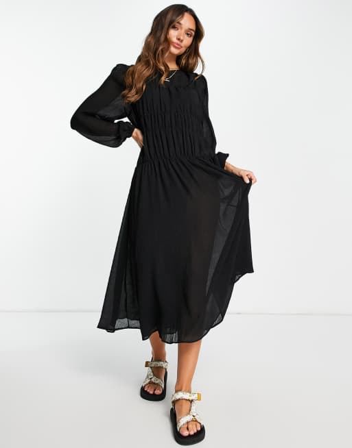 Mango shirred midi dress in black | ASOS