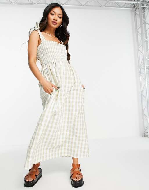 Mango shirred seersucker summer dress in sage gingham