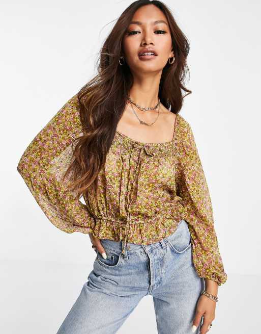 Mango shirred square neck top in floral, 2 of 4
