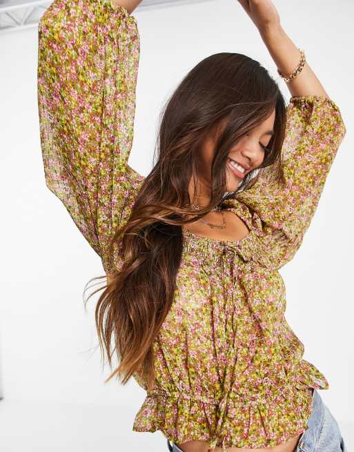 Mango shirred square neck top in floral, 3 of 4