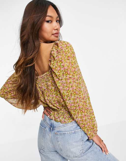 Mango shirred square neck top in floral, 4 of 4