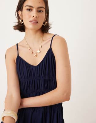 Mango Shirred Strappy Mini Dress In Blue