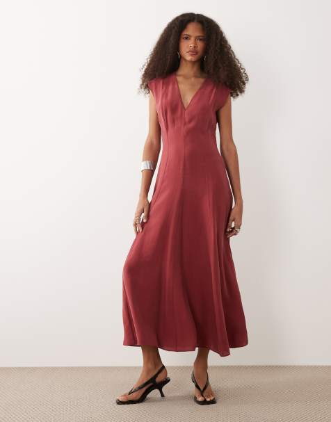 Mango shirred waist midi dress in deep red - view 1