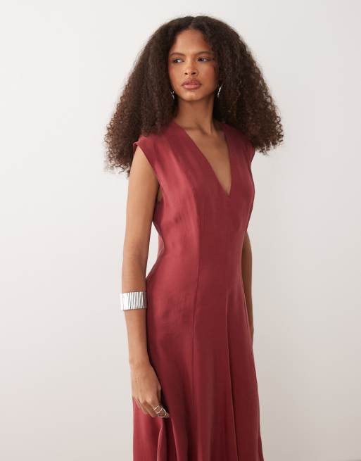 Mango shirred waist midi dress in deep red, 3 of 4