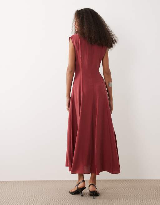 Mango shirred waist midi dress in deep red, 4 of 4